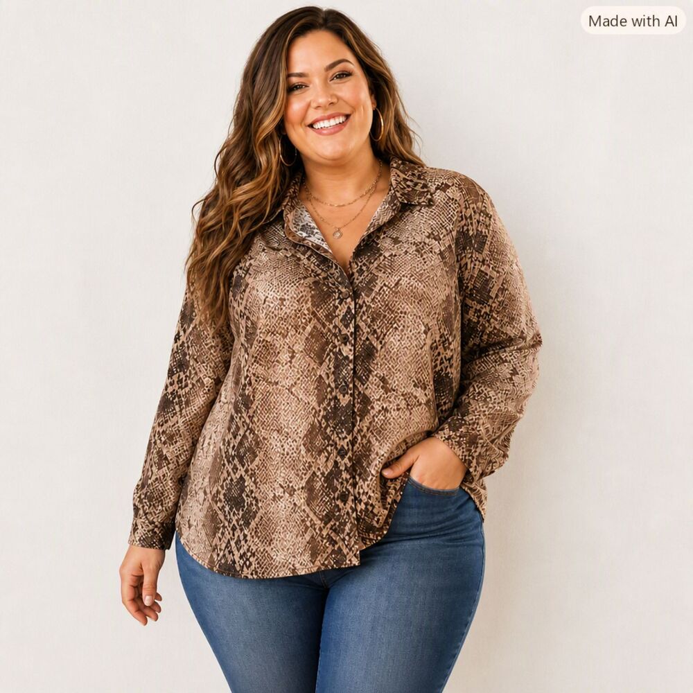 Lane Bryant Brown Tan Snakeskin Button‑Front Shirt – Size 22/24 – EUC